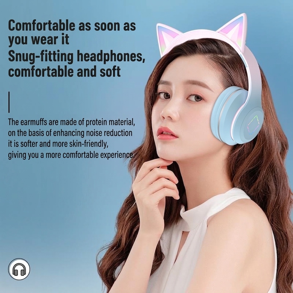 Cat Ear Wireless Bluetooth 5.1 Headphones with RGB LED Lights, 40mm Drivers, 15H Playtime, Built-in Mic & TF Card Slot, Over-Ear Foldable Headset for Kids & Adults