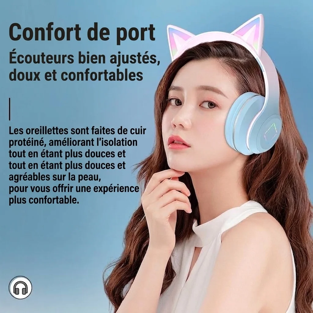 Cat Ear Wireless Bluetooth 5.1 Headphones with RGB LED Lights, 40mm Drivers, 15H Playtime, Built-in Mic & TF Card Slot, Over-Ear Foldable Headset for Kids & Adults