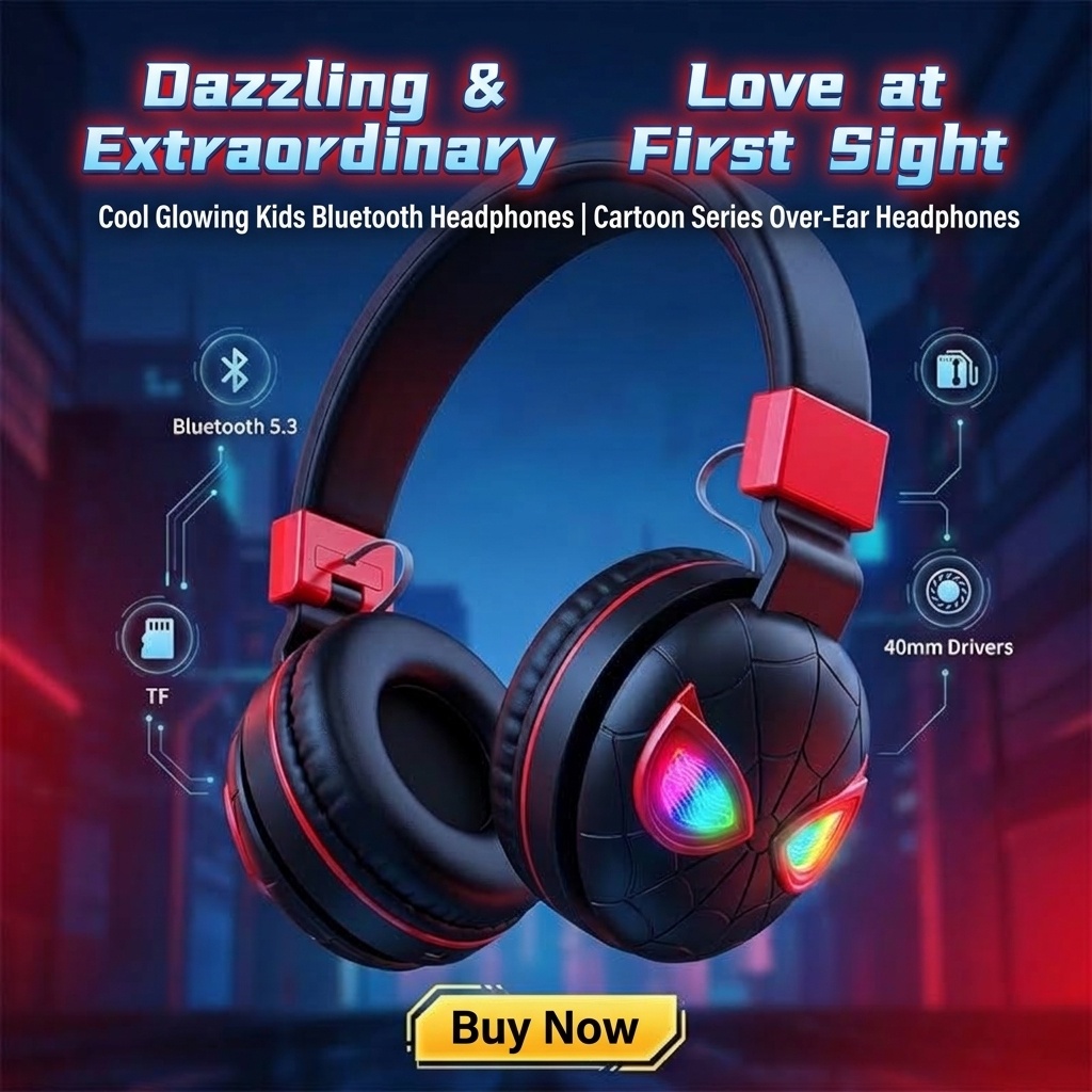 Kids Wireless Bluetooth 5.3 Headphones with RGB Glowing Light, Built-in Mic, 40mm Drivers & Soft Over-Ear Cushion Pads, Foldable Stereo Gaming Headset for Children