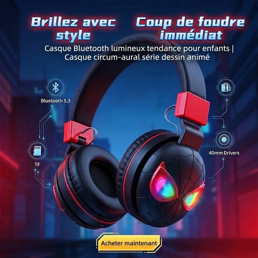 Kids Wireless Bluetooth 5.3 Headphones with RGB Glowing Light, Built-in Mic, 40mm Drivers & Soft Over-Ear Cushion Pads, Foldable Stereo Gaming Headset for Children