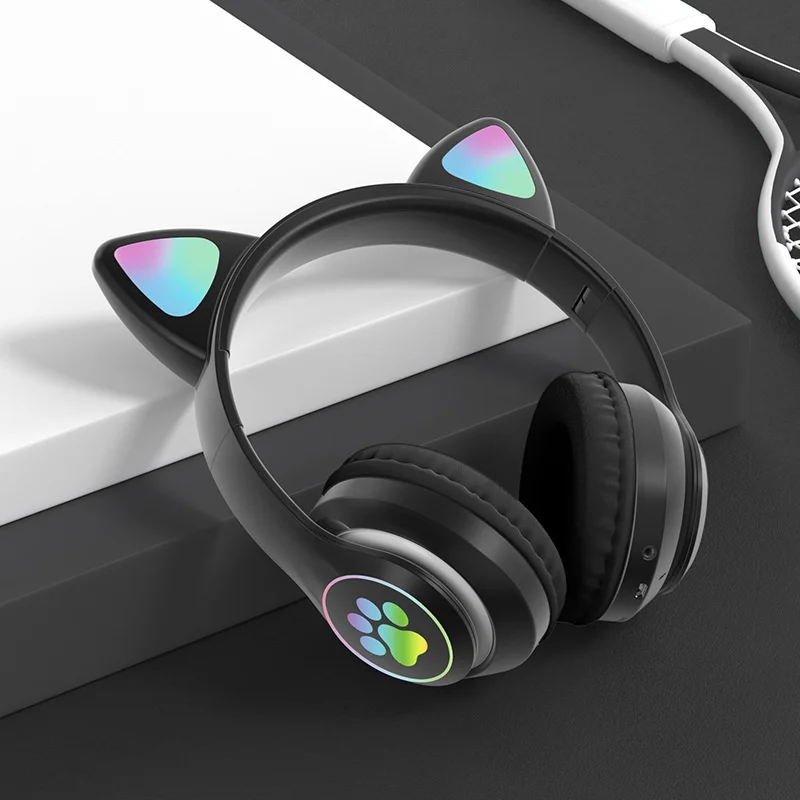 Cute Cat Ear LED Wireless Bluetooth 5.0 Headphones with Mic, 40mm Drivers, 10-Hour Battery Life, Noise Reduction, TF Card & 3.5mm AUX Mode, Foldable Over-Ear Headset