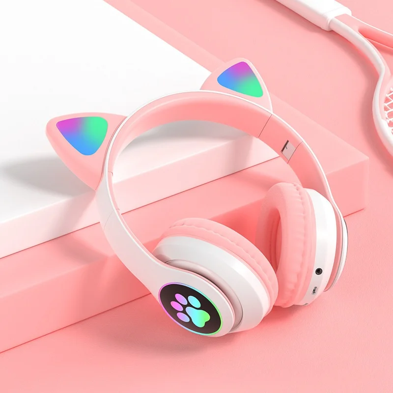 Cute Cat Ear LED Wireless Bluetooth 5.0 Headphones with Mic, 40mm Drivers, 10-Hour Battery Life, Noise Reduction, TF Card & 3.5mm AUX Mode, Foldable Over-Ear Headset