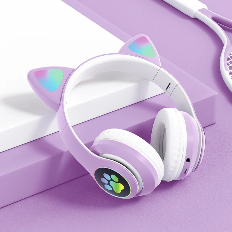 Cute Cat Ear LED Wireless Bluetooth 5.0 Headphones with Mic, 40mm Drivers, 10-Hour Battery Life, Noise Reduction, TF Card & 3.5mm AUX Mode, Foldable Over-Ear Headset