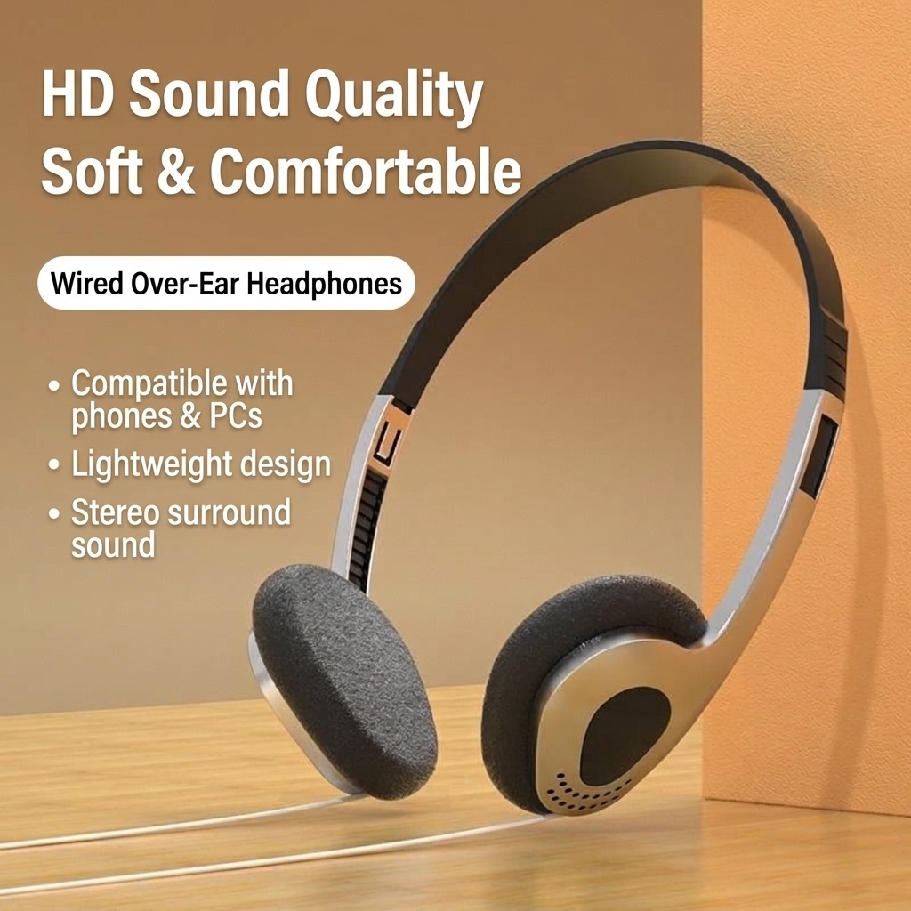 Retro Wired On-Ear Headphones with In-Line Microphone, 3.5mm Jack & Adapter Cable, Lightweight Vintage Fashion Headset with Soft Cushion Ear Pads