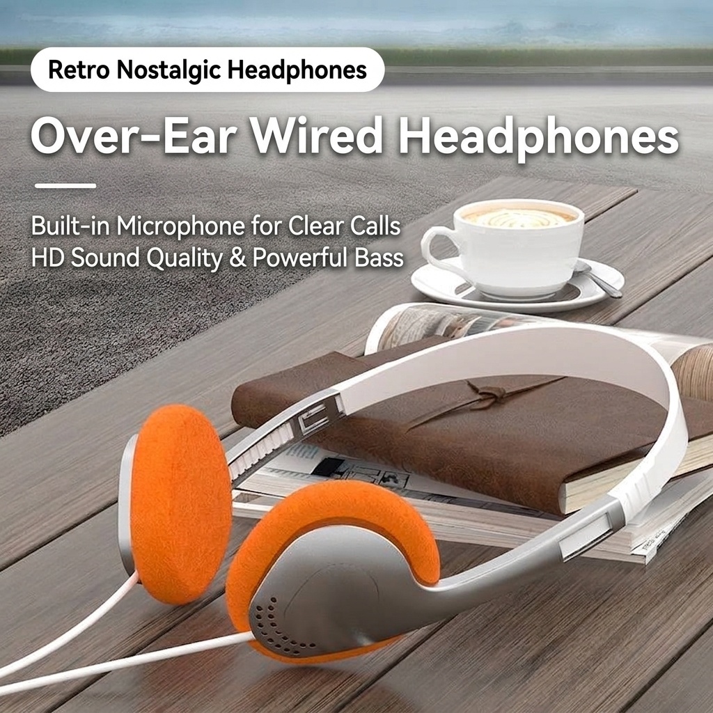 Retro Wired On-Ear Headphones with In-Line Microphone, 3.5mm Jack & Adapter Cable, Lightweight Vintage Fashion Headset with Soft Cushion Ear Pads