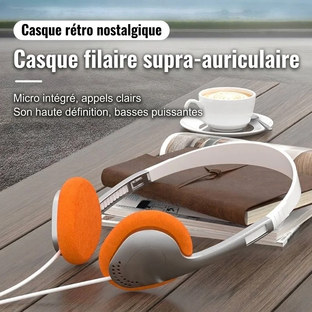 Retro Wired On-Ear Headphones with In-Line Microphone, 3.5mm Jack & Adapter Cable, Lightweight Vintage Fashion Headset with Soft Cushion Ear Pads