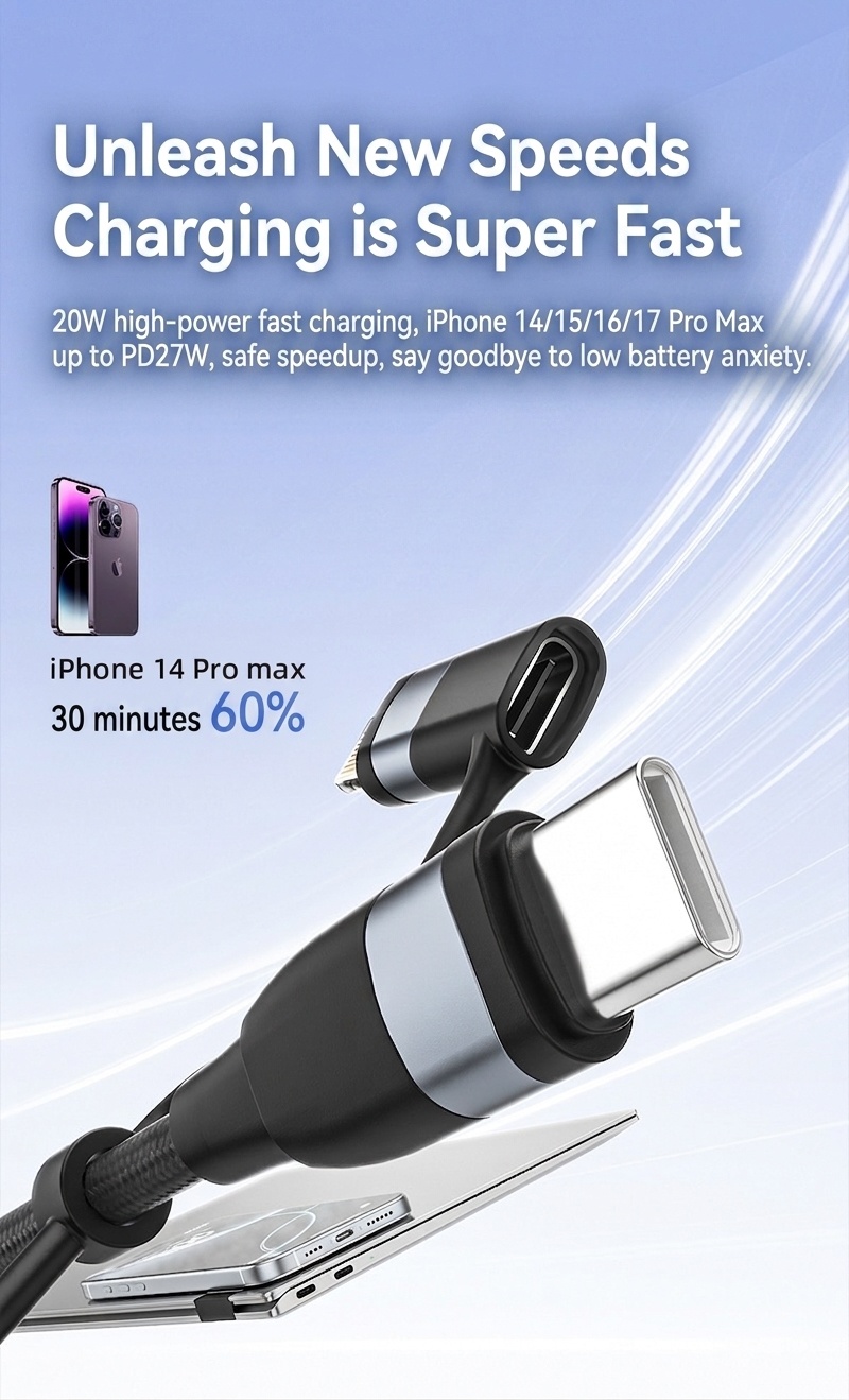 5-in-1 60W PD Fast Charging Cable, USB-A/USB-C to Lightning/Micro USB Multi Charger Cord for iPhone, iPad, Android