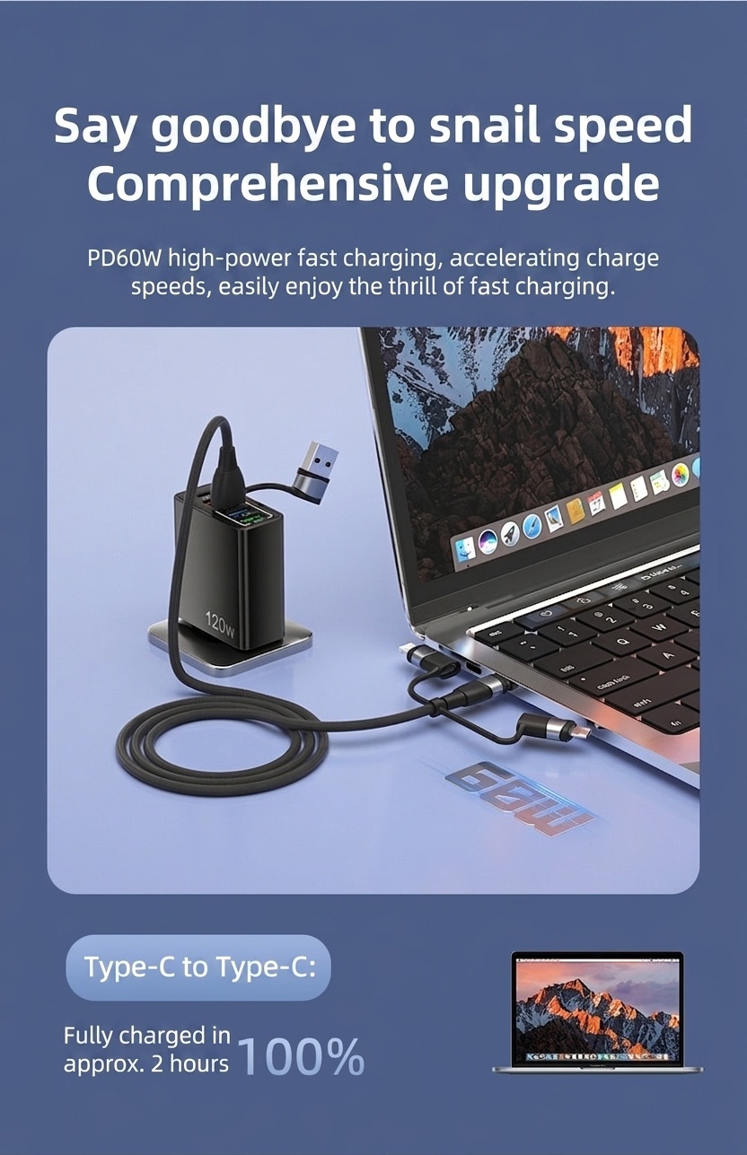 5-in-1 60W PD Fast Charging Cable, USB-A/USB-C to Lightning/Micro USB Multi Charger Cord for iPhone, iPad, Android