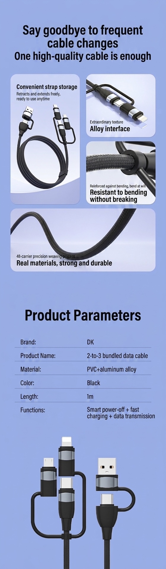 5-in-1 60W PD Fast Charging Cable, USB-A/USB-C to Lightning/Micro USB Multi Charger Cord for iPhone, iPad, Android