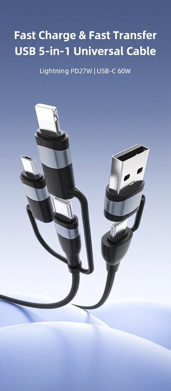 5-in-1 60W PD Fast Charging Cable, USB-A/USB-C to Lightning/Micro USB Multi Charger Cord for iPhone, iPad, Android