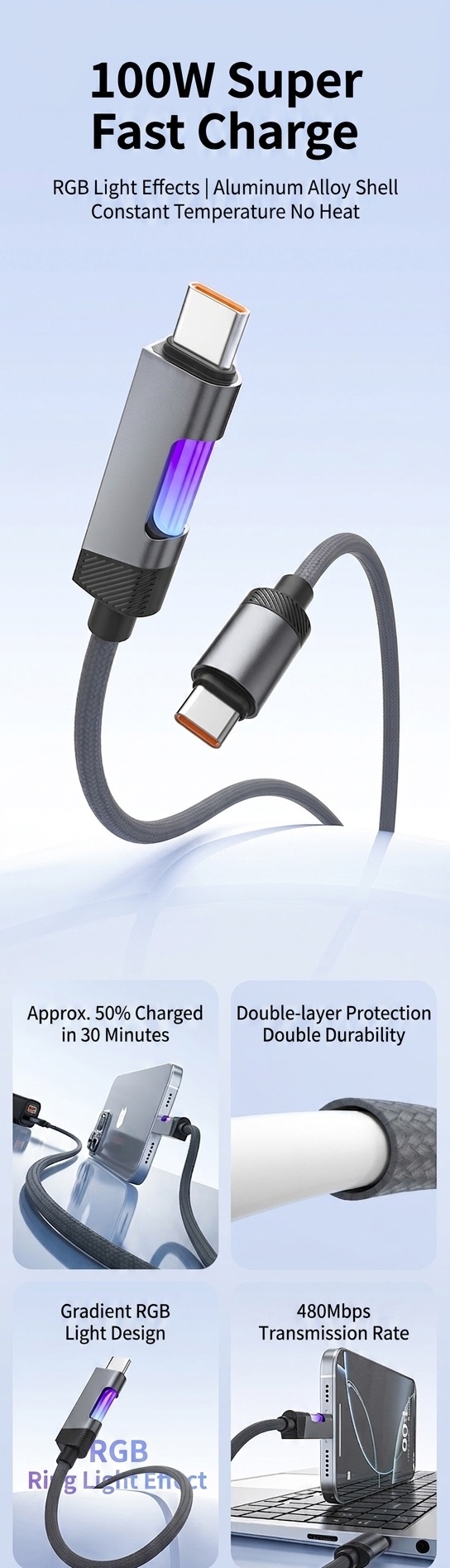 100W USB-C to USB-C Cable, Nylon Braided Fast Charging Type C Data Sync Cord with RGB LED Light for Laptops, Phones