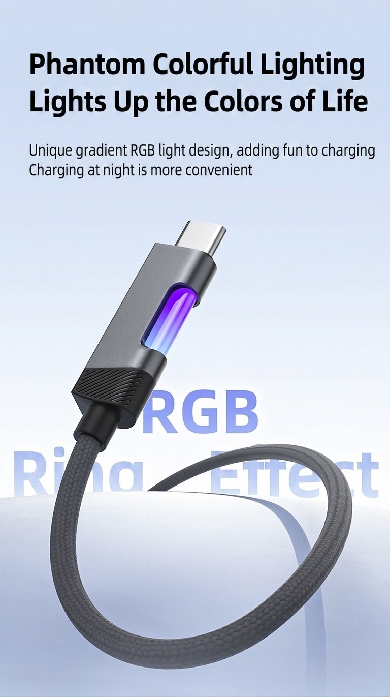 100W USB-C to USB-C Cable, Nylon Braided Fast Charging Type C Data Sync Cord with RGB LED Light for Laptops, Phones
