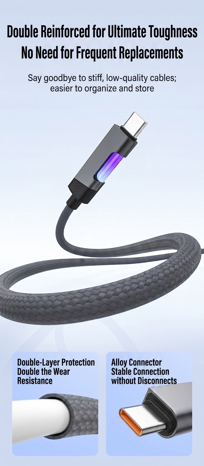 100W USB-C to USB-C Cable, Nylon Braided Fast Charging Type C Data Sync Cord with RGB LED Light for Laptops, Phones