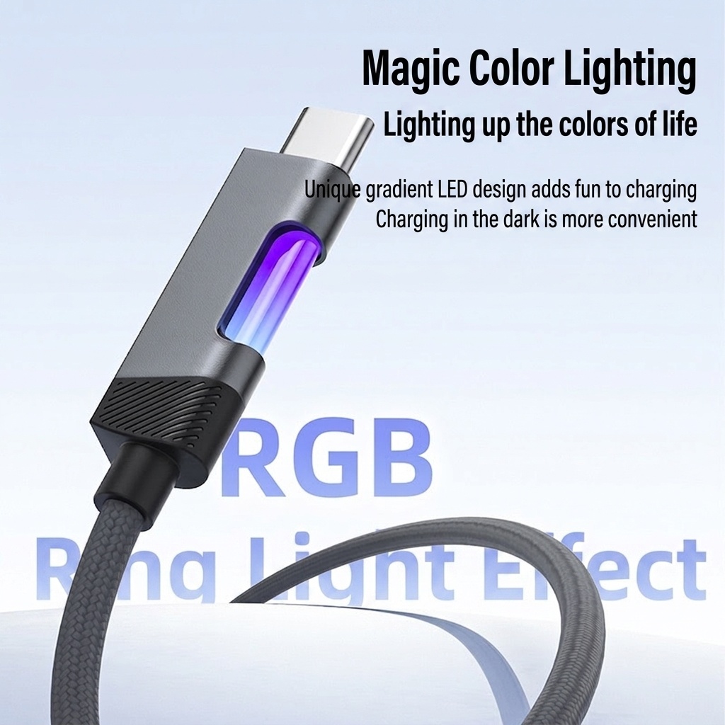 100W USB-C to USB-C Cable, Nylon Braided Fast Charging Type C Data Sync Cord with RGB LED Light for Laptops, Phones