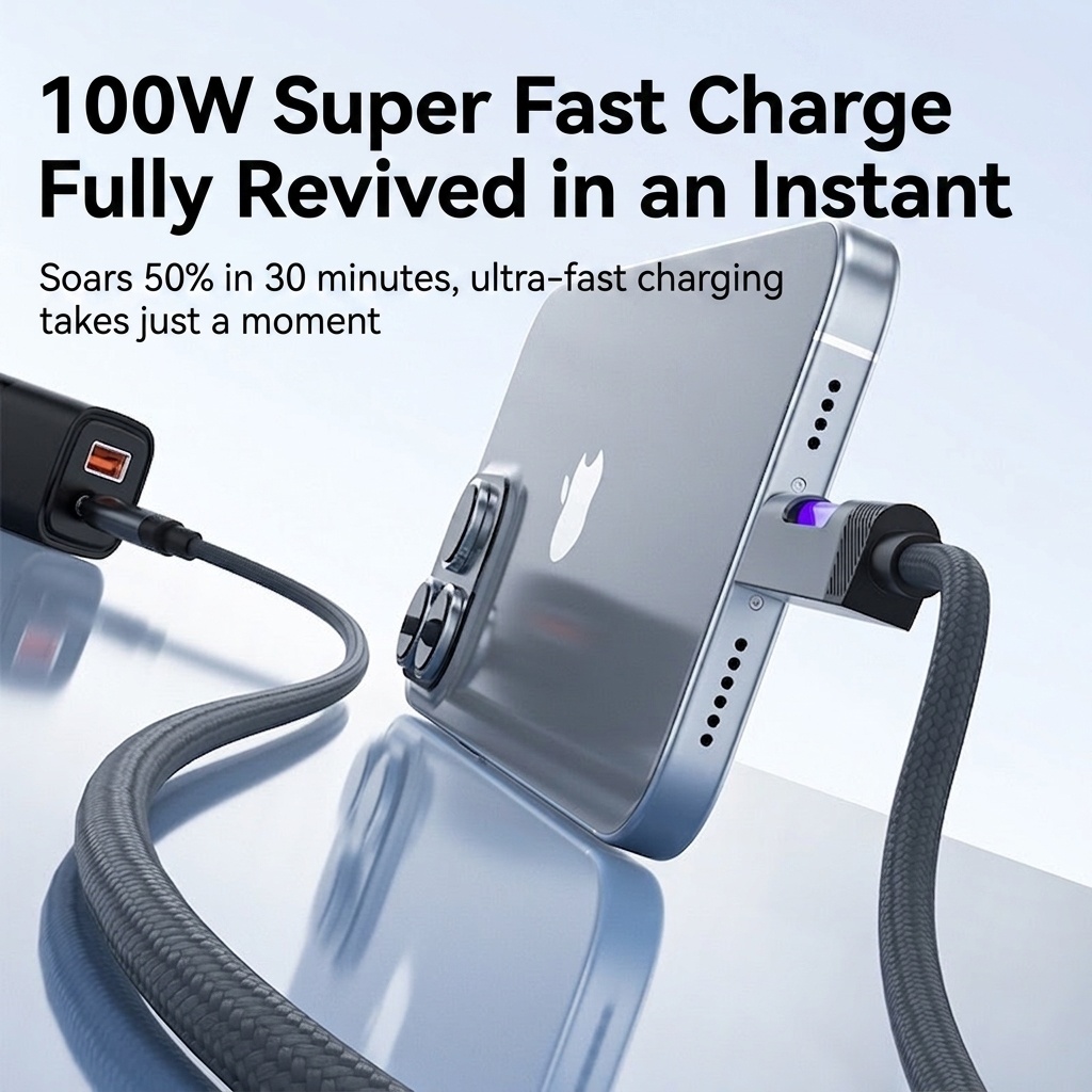 100W USB-C to USB-C Cable, Nylon Braided Fast Charging Type C Data Sync Cord with RGB LED Light for Laptops, Phones