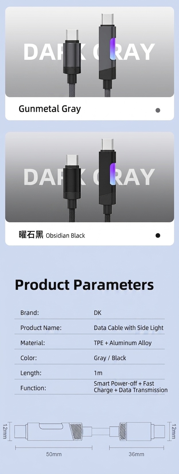 100W USB-C to USB-C Cable, Nylon Braided Fast Charging Type C Data Sync Cord with RGB LED Light for Laptops, Phones