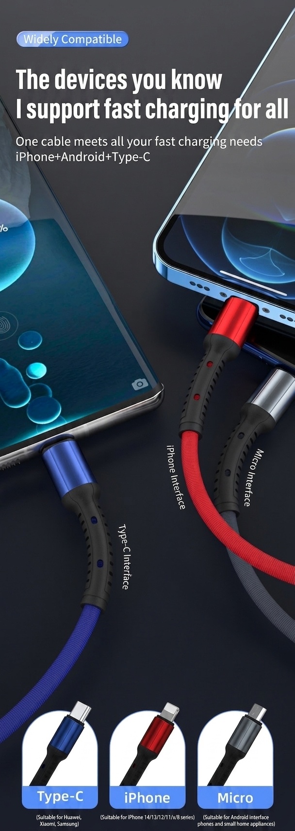 66W 3-in-1 multifunctionele oplaadkabel, universele gevlochten snelladerkabel (480 Mbps) voor Type-C, Micro USB en iPhone