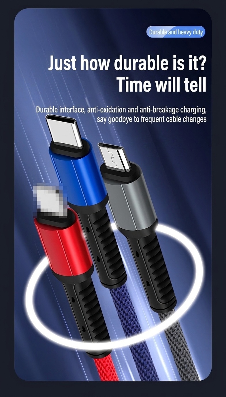 66W 3-in-1 multifunctionele oplaadkabel, universele gevlochten snelladerkabel (480 Mbps) voor Type-C, Micro USB en iPhone