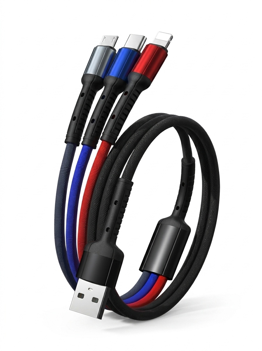 66W 3-in-1 multifunctionele oplaadkabel, universele gevlochten snelladerkabel (480 Mbps) voor Type-C, Micro USB en iPhone