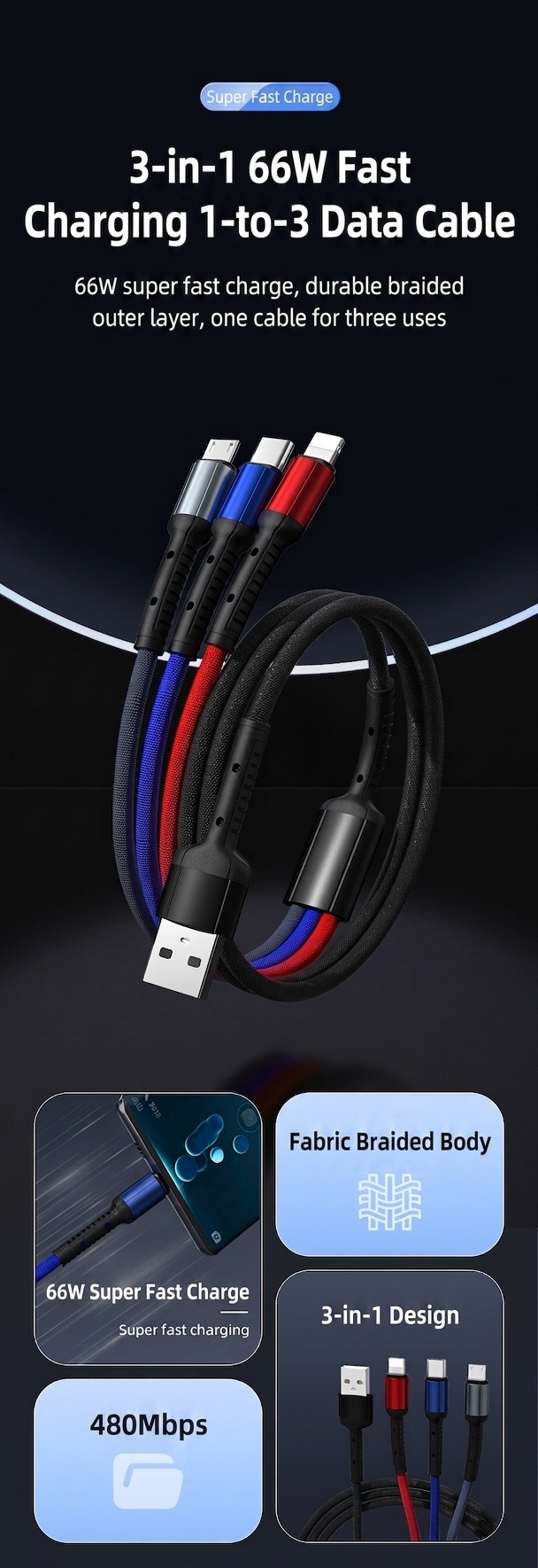 66W 3-in-1 multifunctionele oplaadkabel, universele gevlochten snelladerkabel (480 Mbps) voor Type-C, Micro USB en iPhone
