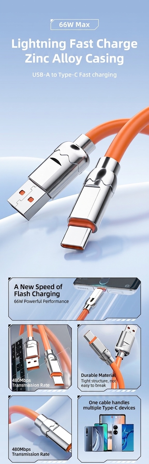 66W USB-A to Type-C Cable, Fast Charging Data Sync Cord with Durable Zinc Alloy Connector
