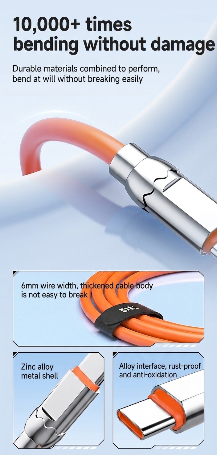 66W USB-A to Type-C Cable, Fast Charging Data Sync Cord with Durable Zinc Alloy Connector