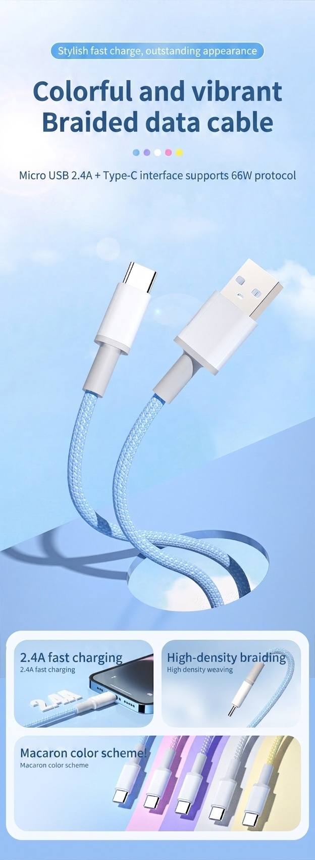 66W Multi-Port Charging Cable, Nylon Braided Universal Fast Charger USB Cord for Phones and Tablets