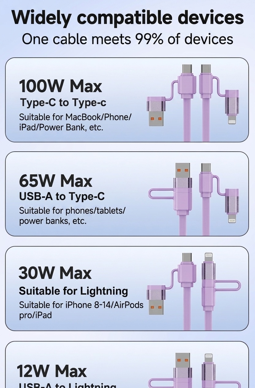 Câble de charge rétractable 4 en 1 de 100 W, câble de charge rapide en TPE pour USB-C, Lightning et micro-USB.