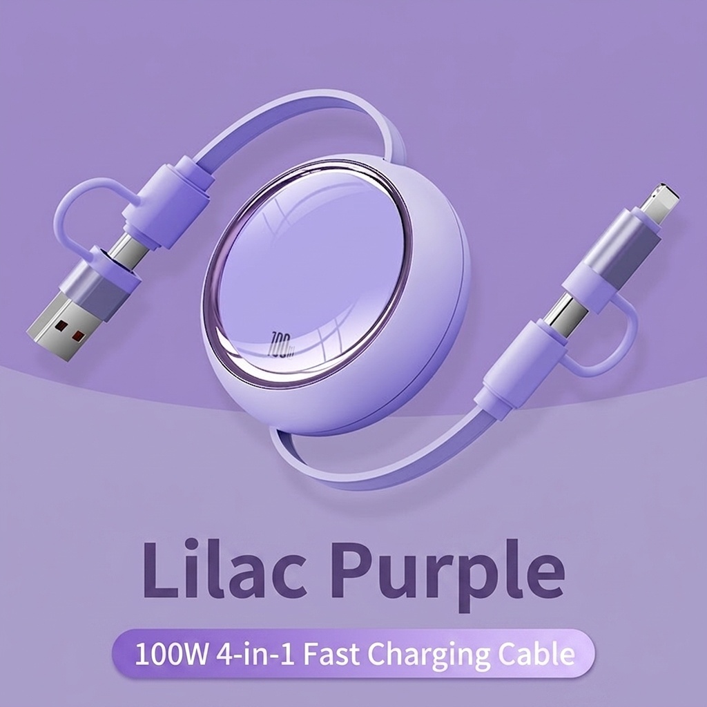 Câble de charge rétractable 4 en 1 de 100 W, câble de charge rapide en TPE pour USB-C, Lightning et micro-USB.