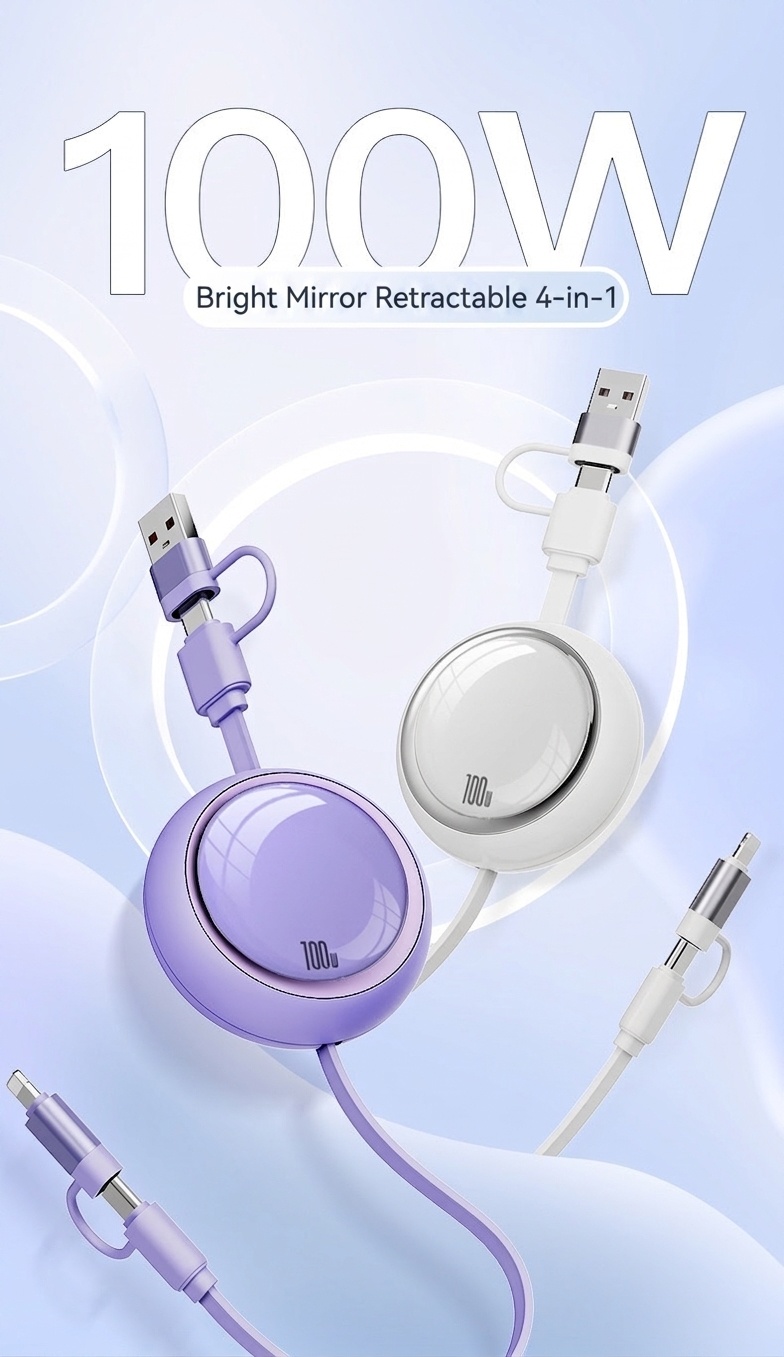 Câble de charge rétractable 4 en 1 de 100 W, câble de charge rapide en TPE pour USB-C, Lightning et micro-USB.