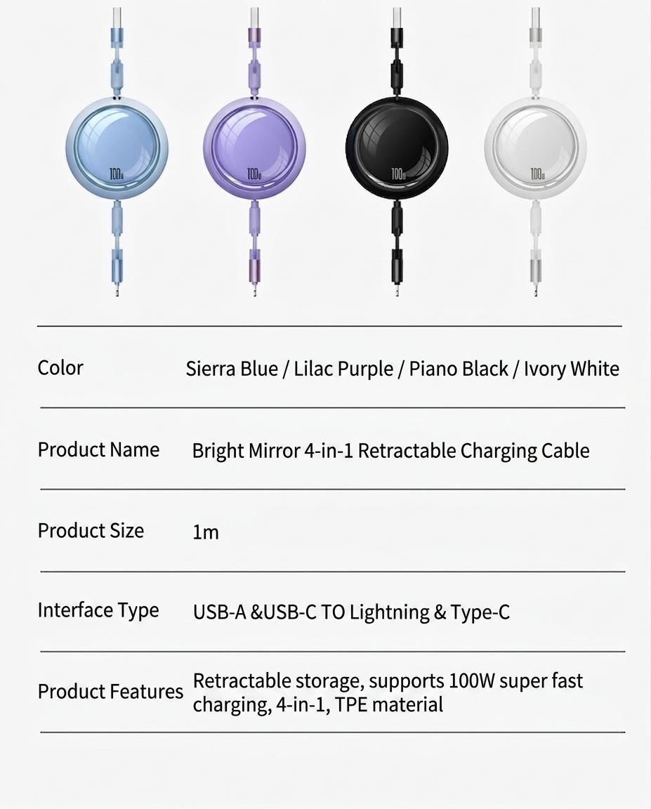 Câble de charge rétractable 4 en 1 de 100 W, câble de charge rapide en TPE pour USB-C, Lightning et micro-USB.