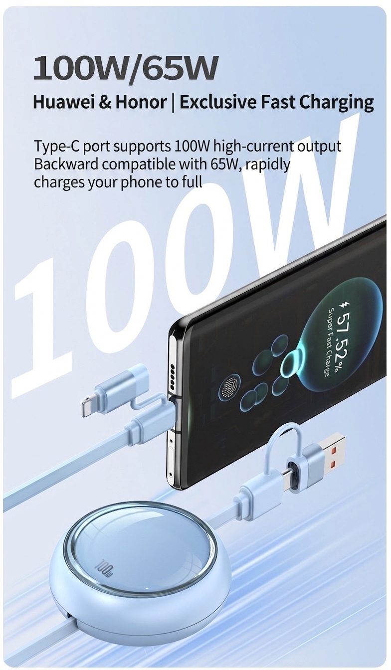 Câble de charge rétractable 4 en 1 de 100 W, câble de charge rapide en TPE pour USB-C, Lightning et micro-USB.