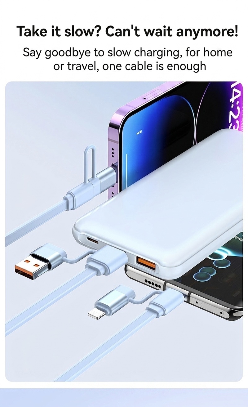 Câble de charge rétractable 4 en 1 de 100 W, câble de charge rapide en TPE pour USB-C, Lightning et micro-USB.
