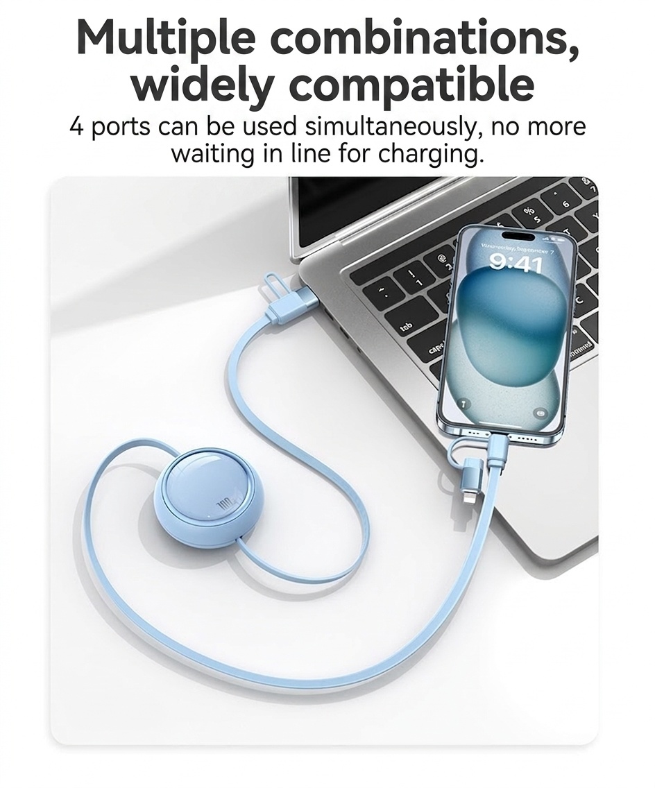 Câble de charge rétractable 4 en 1 de 100 W, câble de charge rapide en TPE pour USB-C, Lightning et micro-USB.