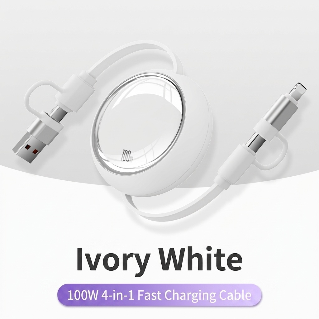 Câble de charge rétractable 4 en 1 de 100 W, câble de charge rapide en TPE pour USB-C, Lightning et micro-USB.