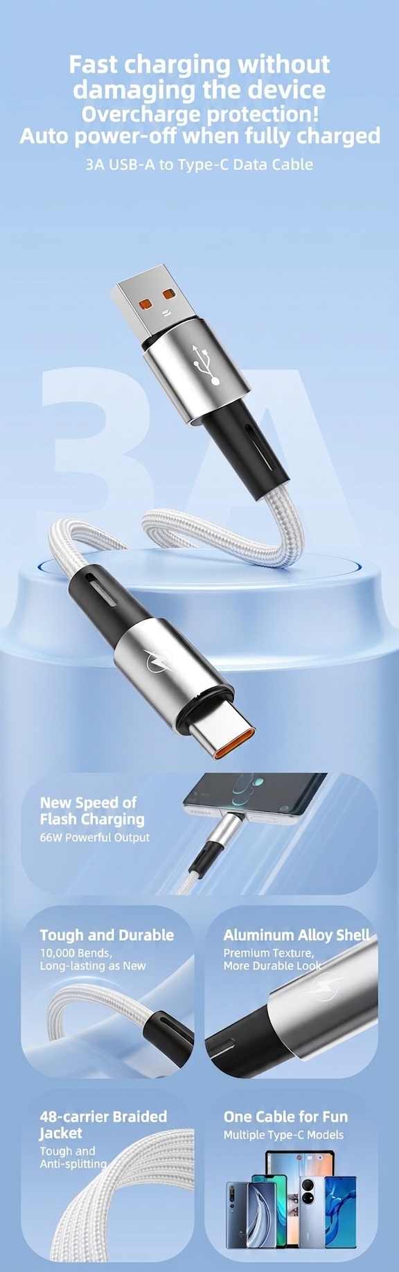 66W Braided Fast Charging USB Cable with Premium Aluminum Alloy Connector for Smartphones
