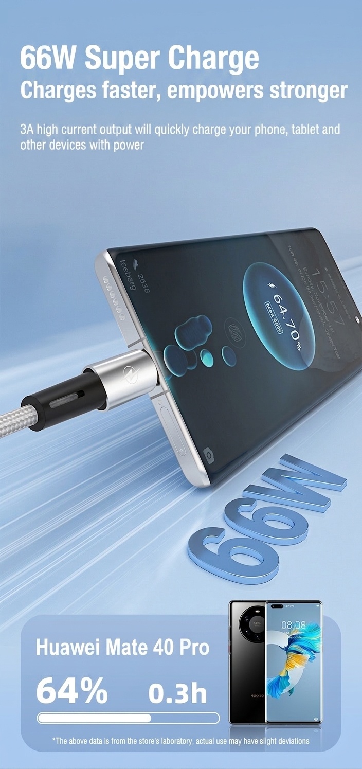66W Braided Fast Charging USB Cable with Premium Aluminum Alloy Connector for Smartphones