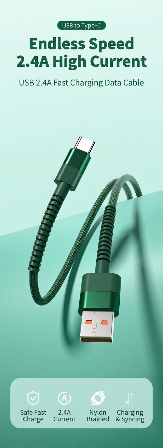 2.4A Durable Nylon Braided USB Data Cable, Fast Charging Sync Cord for Universal Devices