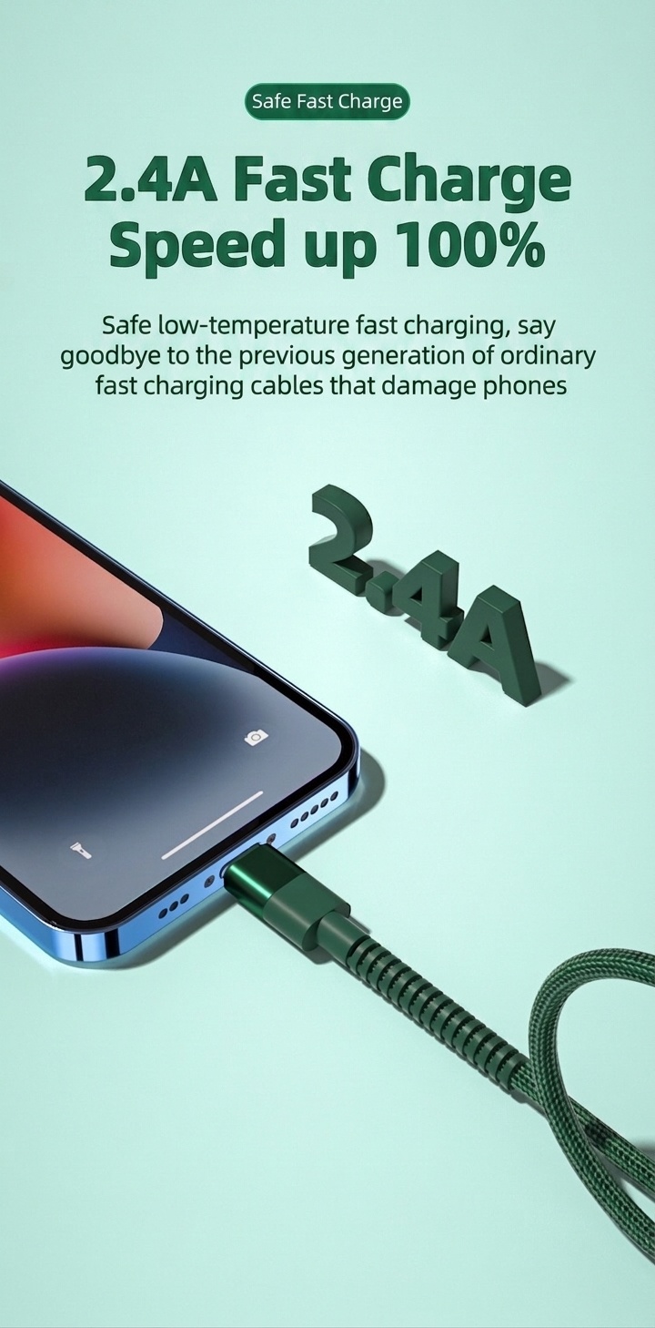 2.4A Durable Nylon Braided USB Data Cable, Fast Charging Sync Cord for Universal Devices