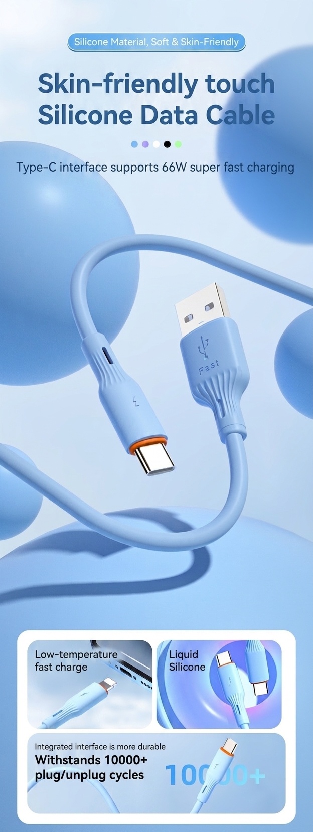 66W Liquid Silicone Super Fast Charging Cable, Low-Temp Safe Charger Cord for Smartphones