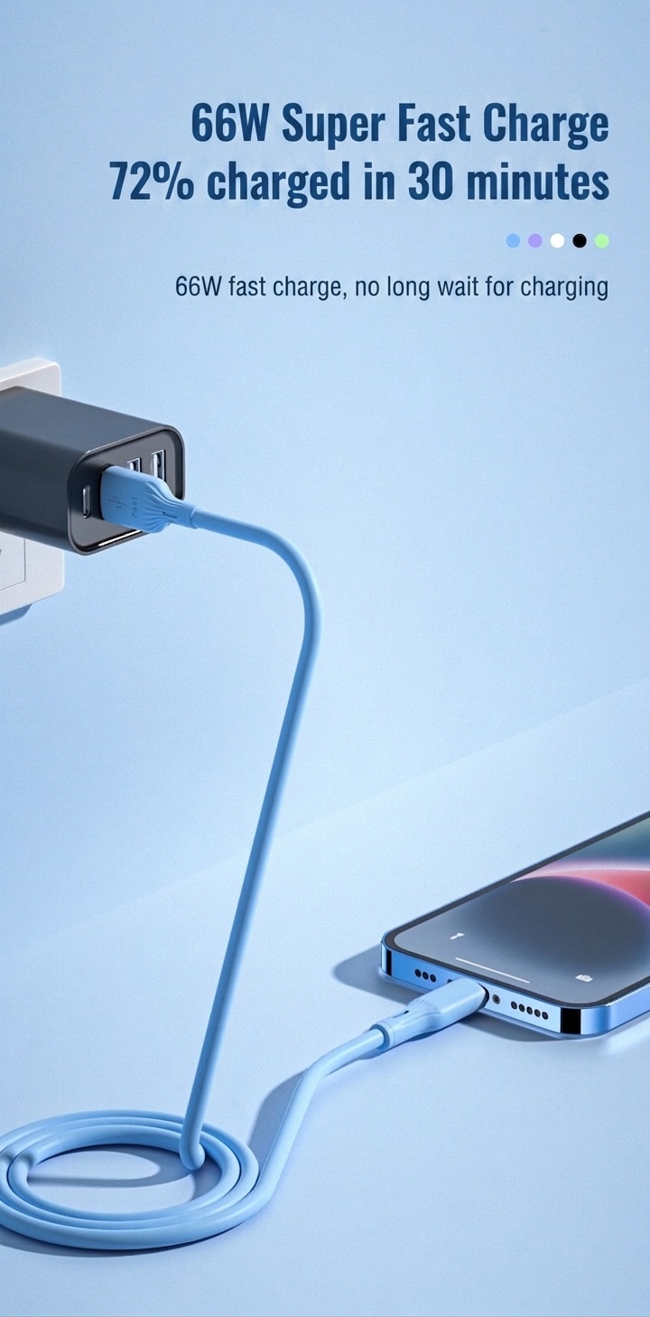66W Liquid Silicone Super Fast Charging Cable, Low-Temp Safe Charger Cord for Smartphones
