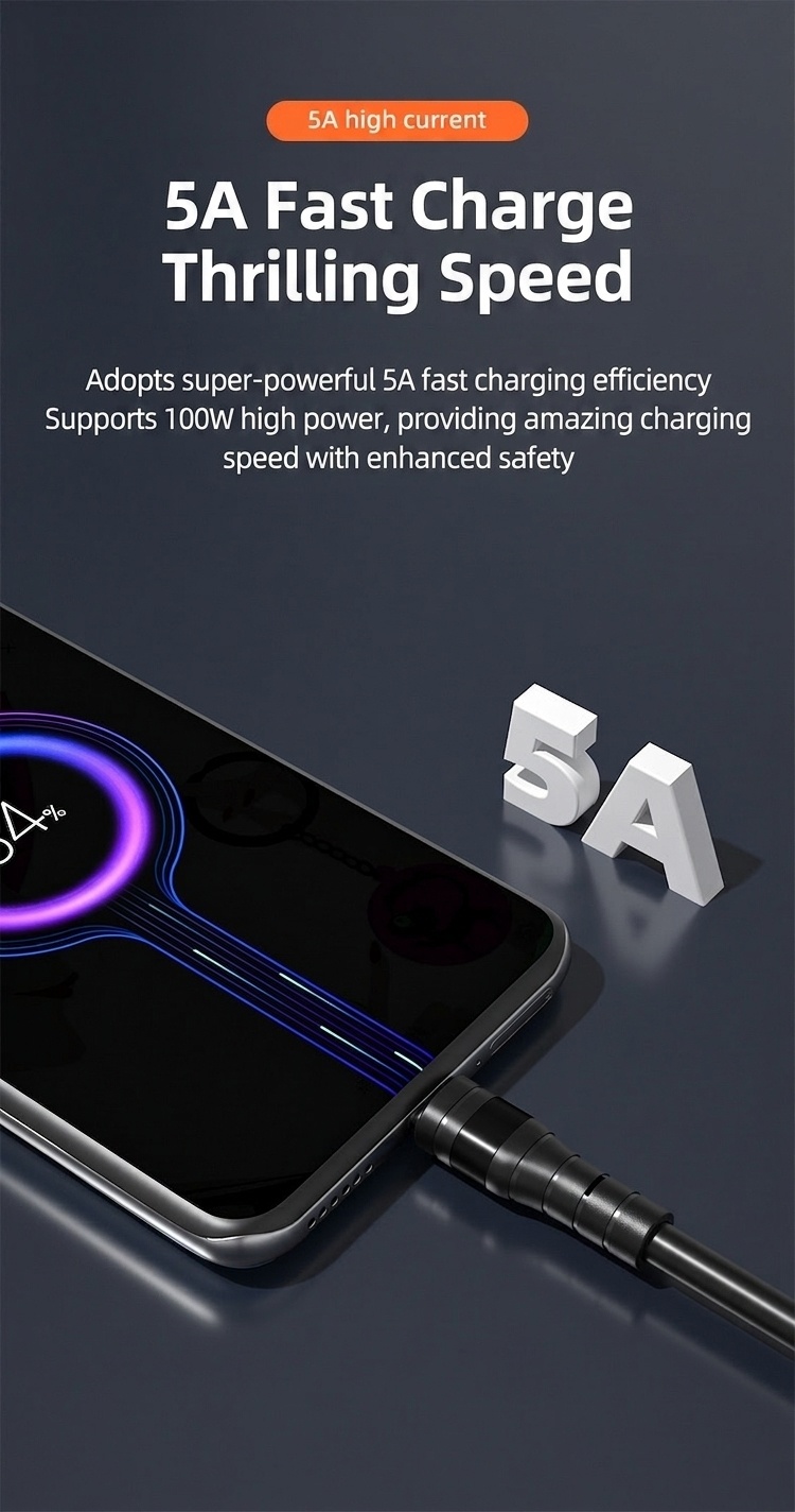 66W 5A Fast Charging USB Cable, Durable Cord with Reinforced TPE Joints for Extended Lifespan