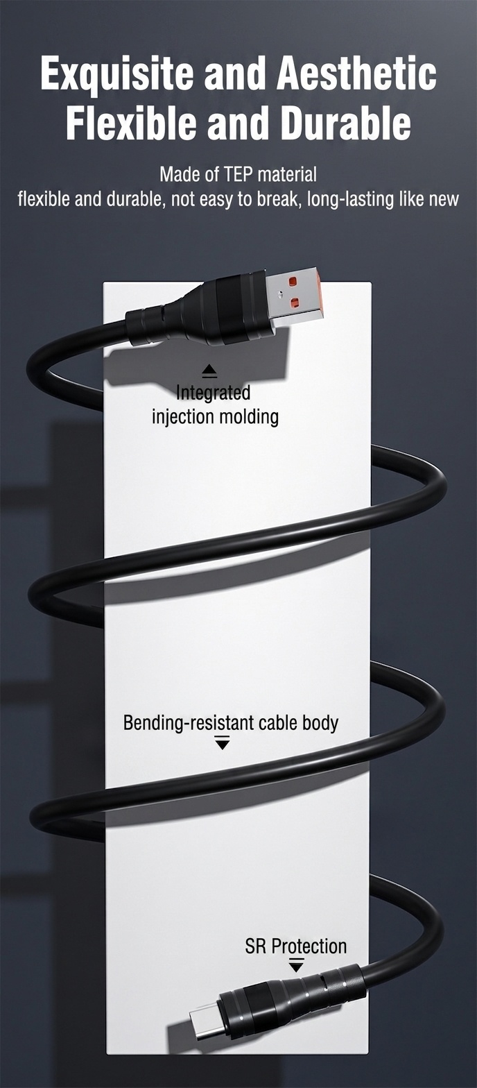 66W 5A Fast Charging USB Cable, Durable Cord with Reinforced TPE Joints for Extended Lifespan