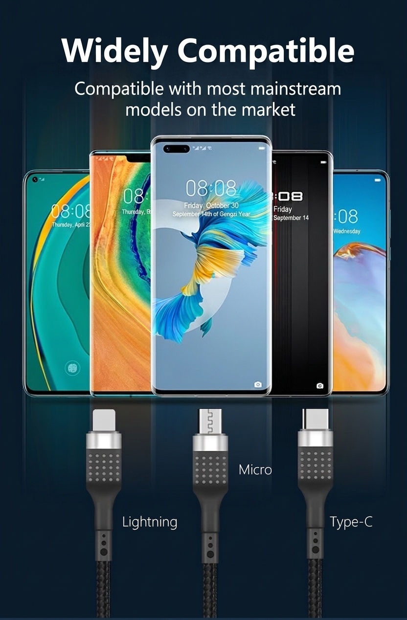 66W Durable Nylon Braided USB Data Cable, Fast Charging Sync Cord for Universal Phones
