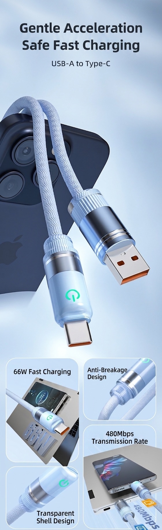 66W USB-A to Type-C Fast Charge Cable with LED Indicator Light for Easy Night Charging