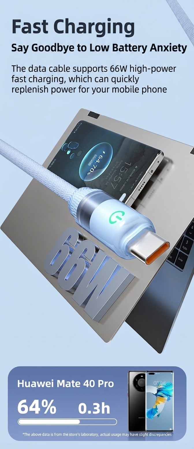 66W USB-A to Type-C Fast Charge Cable with LED Indicator Light for Easy Night Charging