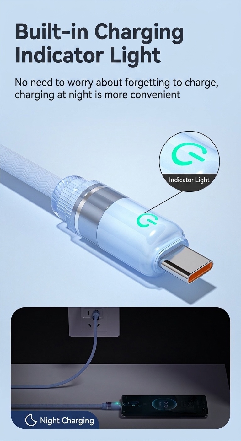 66W USB-A to Type-C Fast Charge Cable with LED Indicator Light for Easy Night Charging