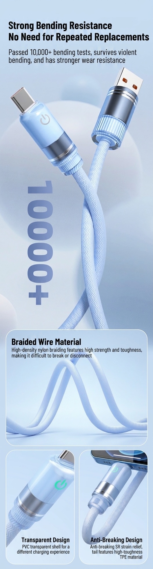 66W USB-A to Type-C Fast Charge Cable with LED Indicator Light for Easy Night Charging