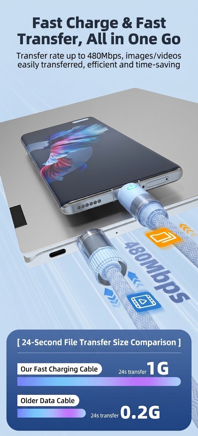 66W USB-A to Type-C Fast Charge Cable with LED Indicator Light for Easy Night Charging