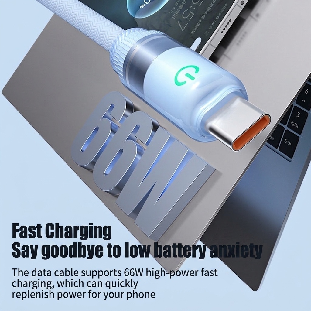 66W USB-A to Type-C Fast Charge Cable with LED Indicator Light for Easy Night Charging